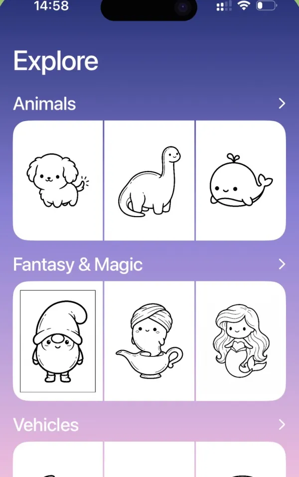 The Colorzy app on iPhone, showing ready-made coloring pages